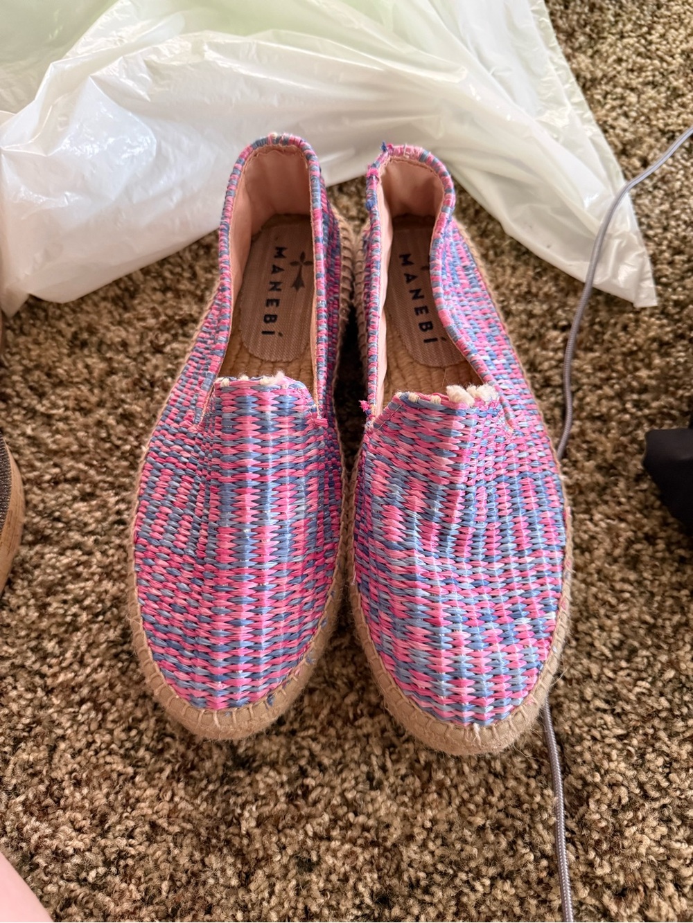 Manebi Pink Woven Espadrille Shoes with Blue Accents